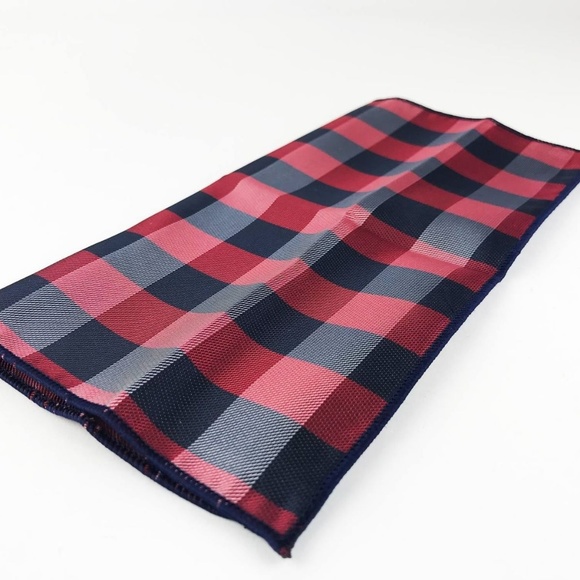 Pocket Square 100% Silk Red Blk Check Pattern - Picture 2 of 4